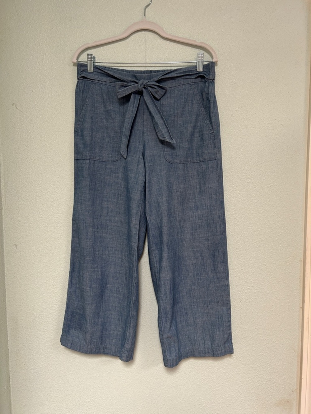 J CREW Cropped Chambray Wide-Leg Pants with Tie Waist - Blue